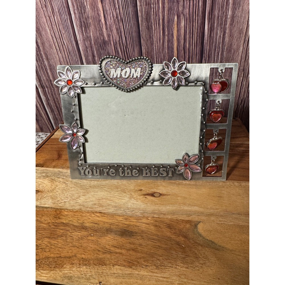 Picture Frame Mom 4x6 Silver Pink Rhinestone Floral You're the Best Heart Charms
